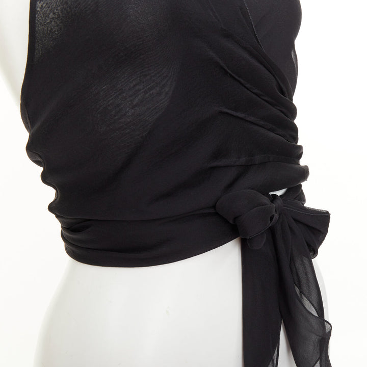 EMPORIO ARMANI black sheer silk chiffon halter wrap self tie top IT38 XS