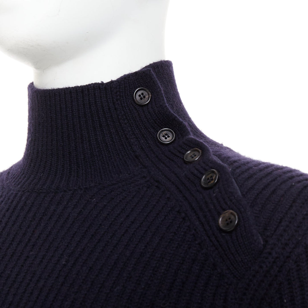 BRIONI 100% cashmere navy leather trim side button sweater IT48 M