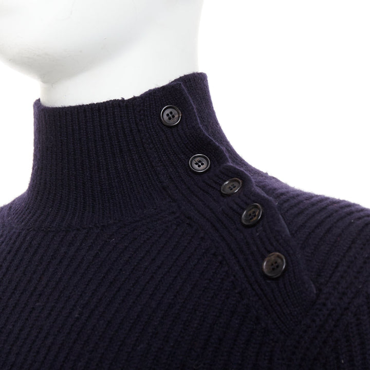 BRIONI 100% cashmere navy leather trim side button sweater IT48 M