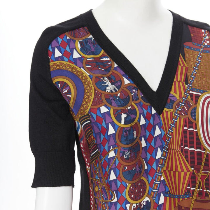 HERMES PARIS signature silk print front black cashmere knit V-neck sweater Fr34