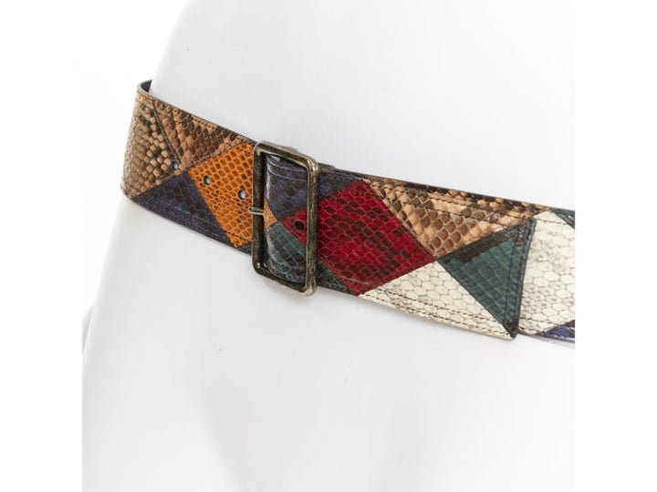 SAINT LAURENT diamond patchwork multicolor scaled leather statement belt 85cm
