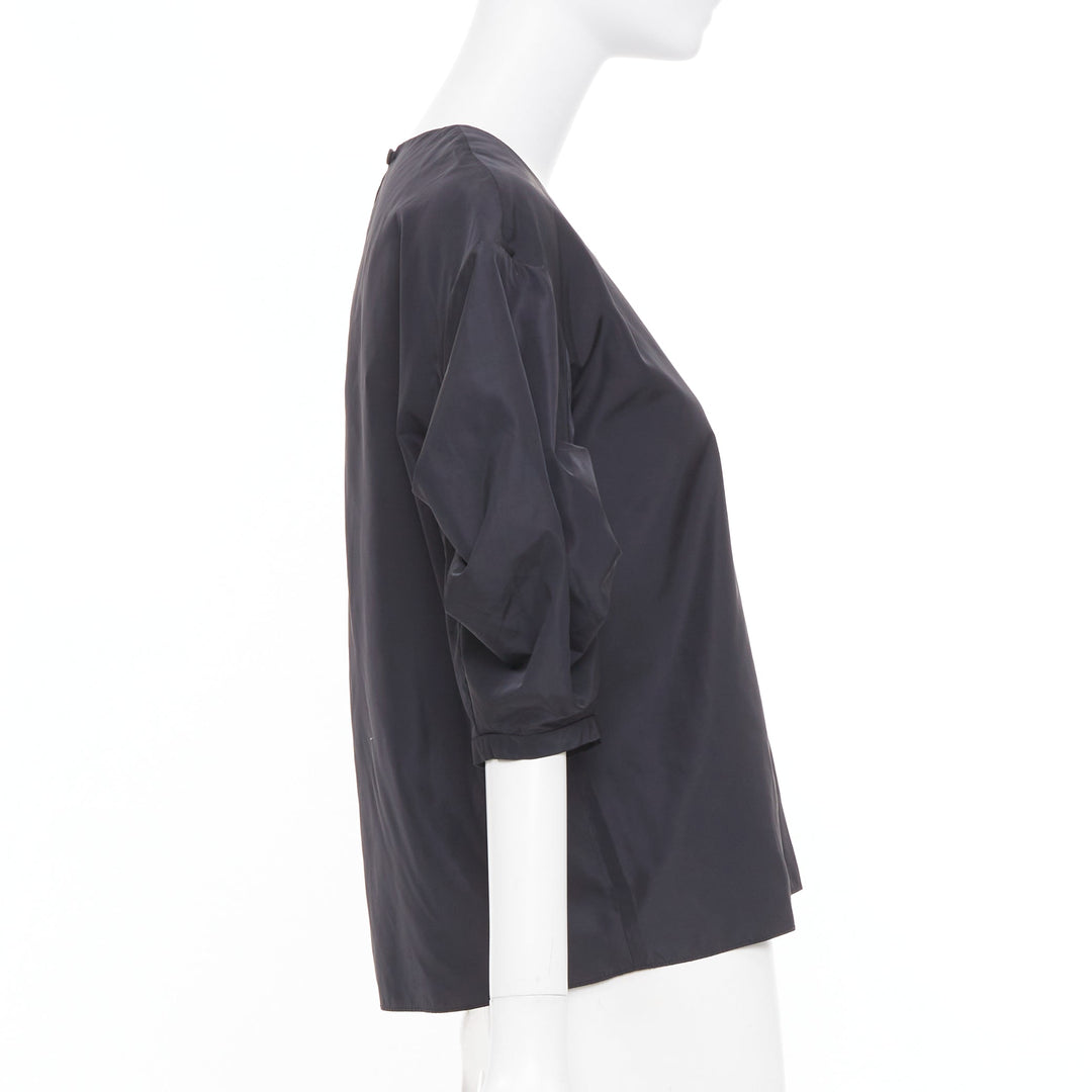 TIBI Italian Sporty Nylon Pleat Sleeve black sculptural balloon blouse US0 XS