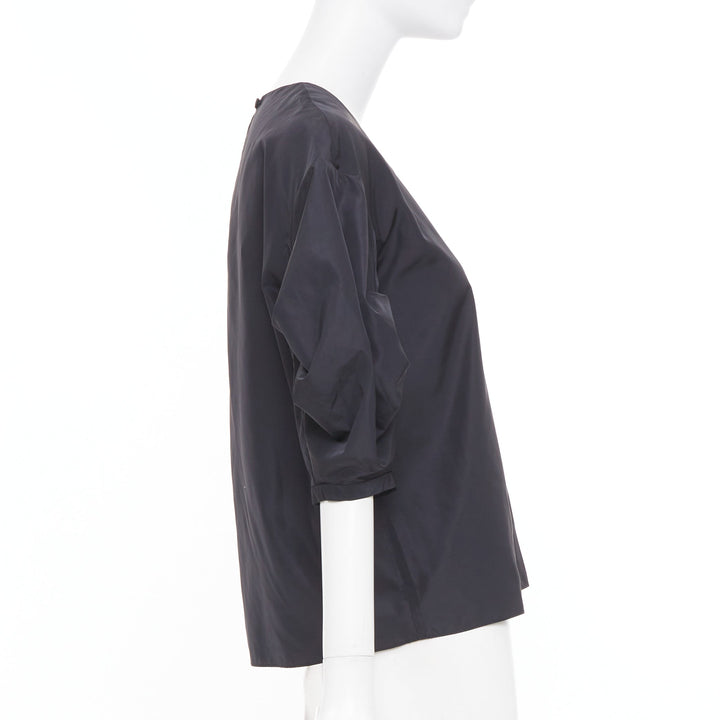 TIBI Italian Sporty Nylon Pleat Sleeve black sculptural balloon blouse US0 XS