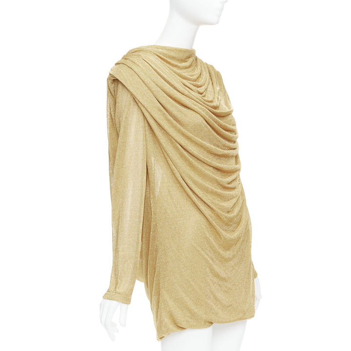 KHAITE Taiden gold metallic stretch knit drape open back mini dress L