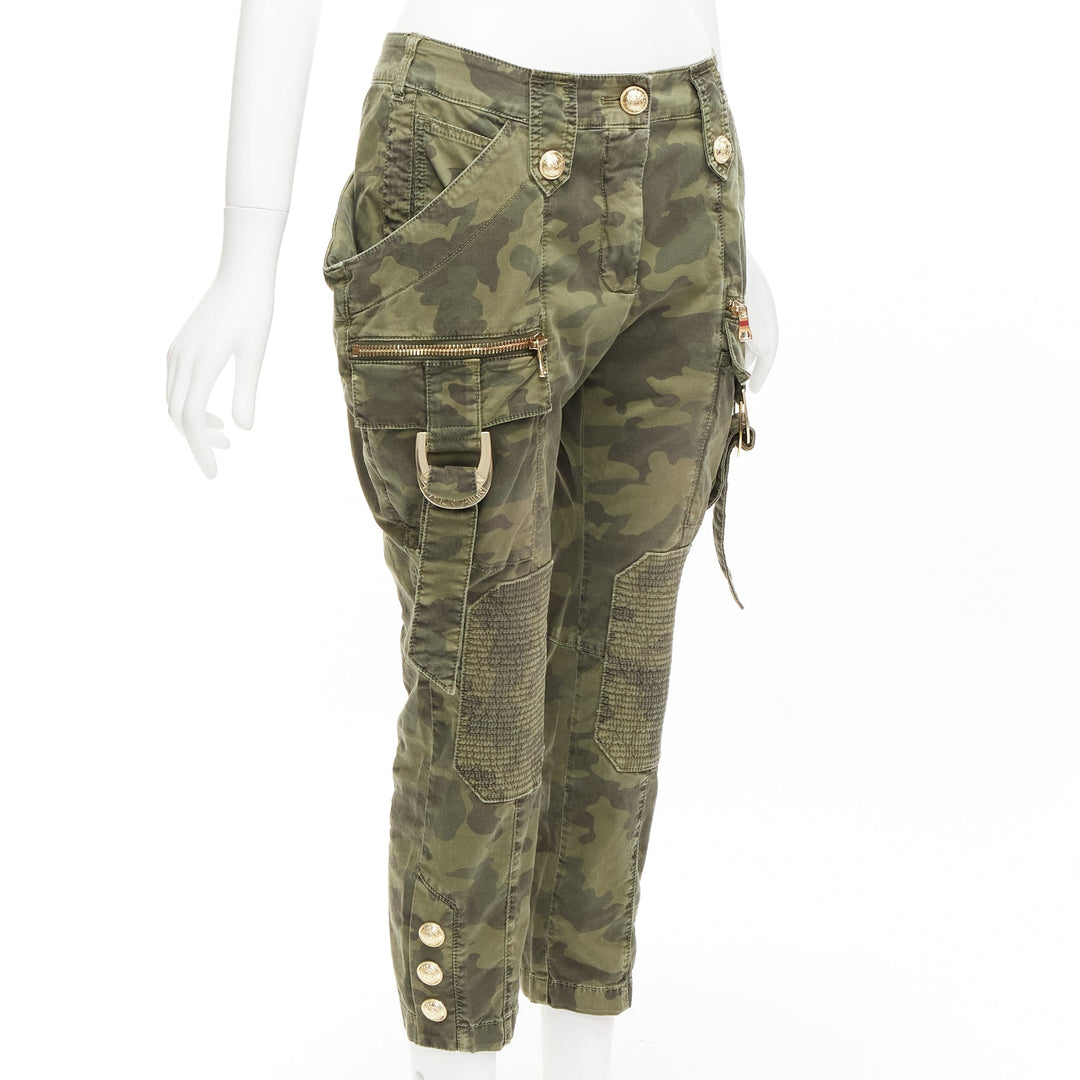 BALMAIN green camo cotton gold hardware mid waist cargo biker pants FR34 XS