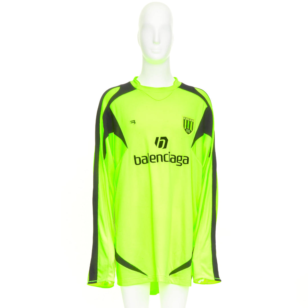 BALENCIAGA 2020 Runway fluo yellow soccer graphic athletic jersey top shirt XL