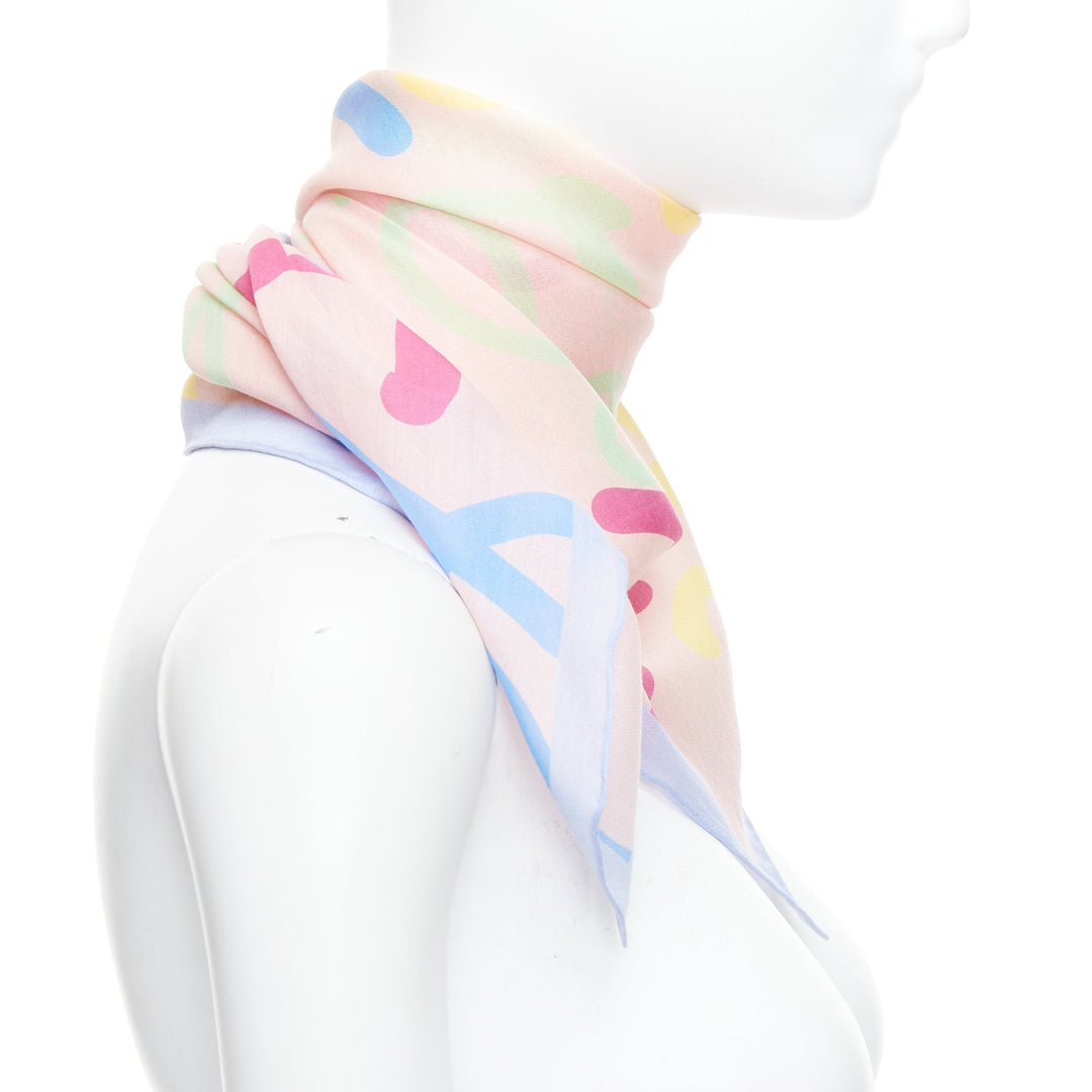 LOEWE pink patel multicolor cotton silk logo print square scarf