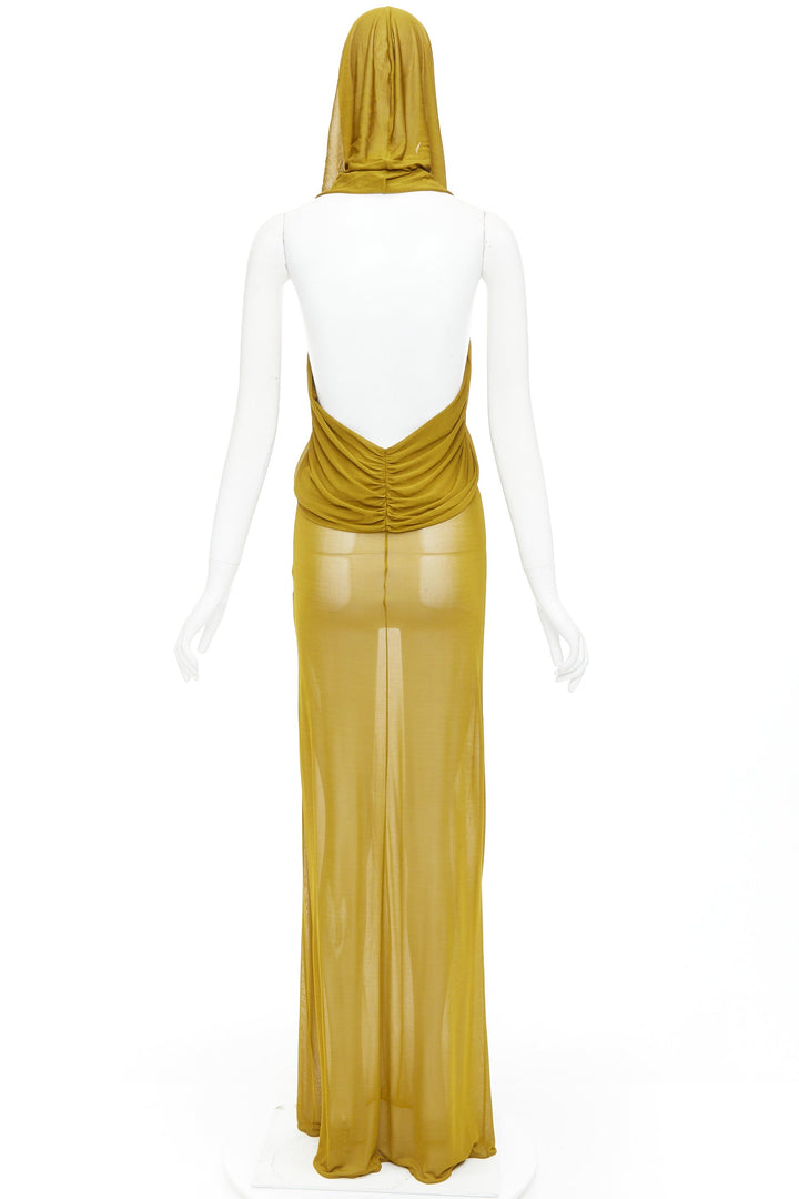 SAINT LAURENT 2023 Runway gold hooded draped maxi sheer dress FR34 XS