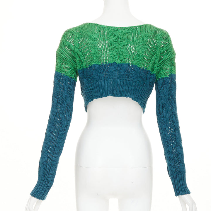 ETRO 2023 bicolor green teal cotton cashmere mixed cable knit cardigan IT38 XXS