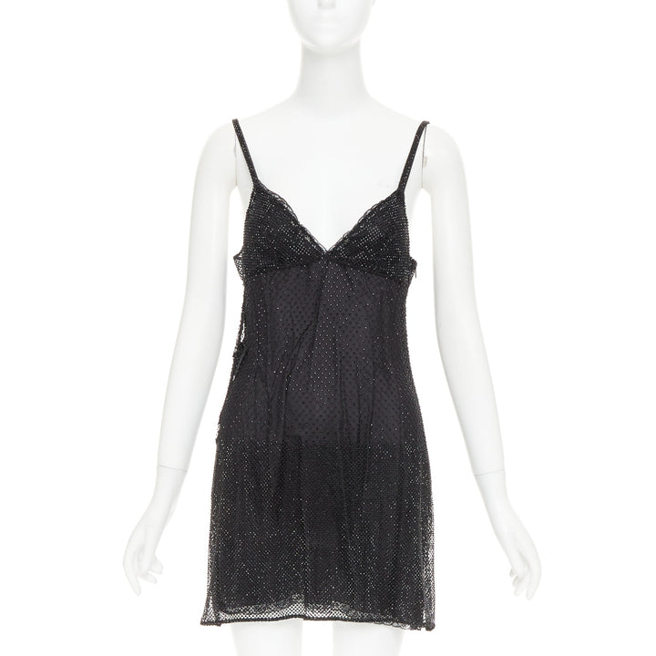 PRADA 2022 black rhinestone crystal degrade embellished mini slip dress IT40 S