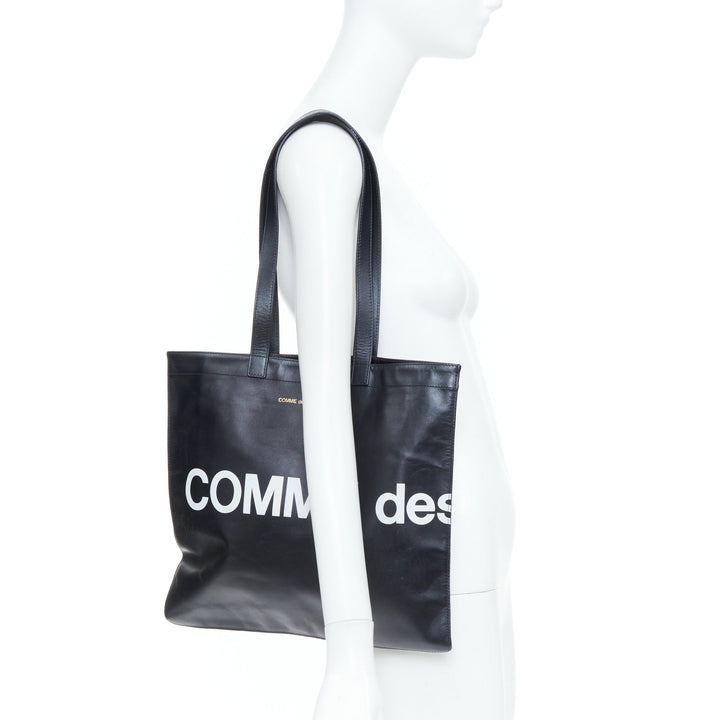 COMME DES GARCONS Huge Logo black calfskin leather print shopper tote bag