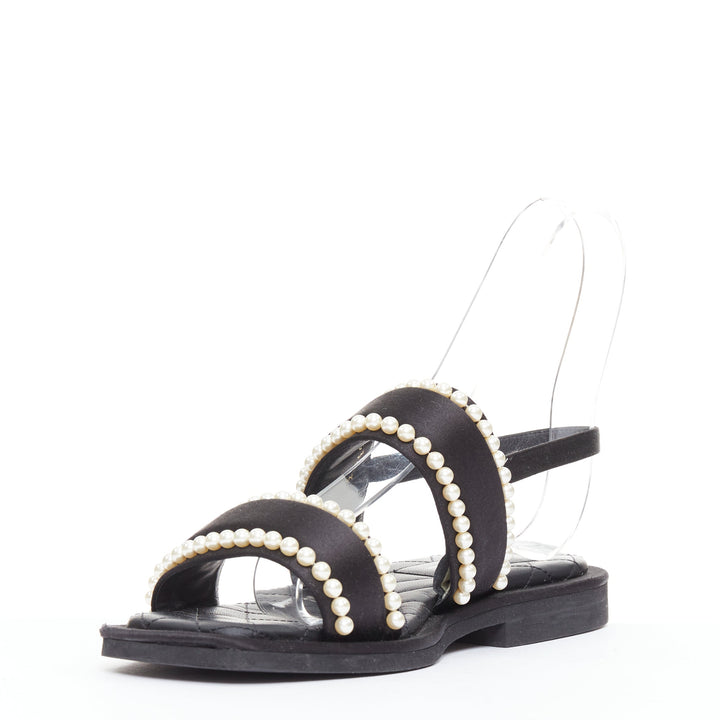 CHANEL 2022 black pearl embellished satin CC flat dad sandals EU36.5
