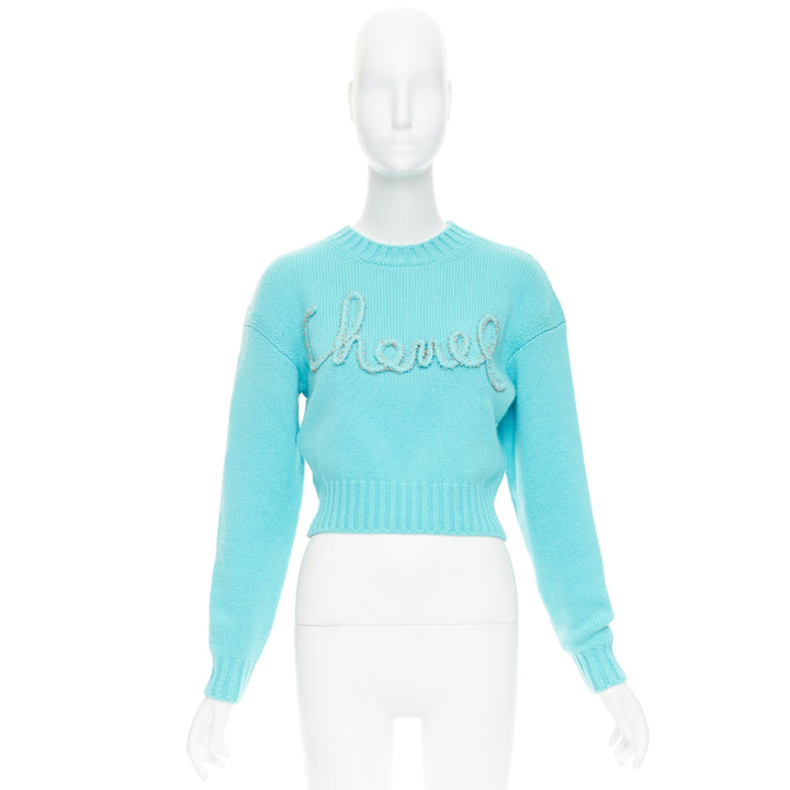 CHANEL 2020 100% cashmere cyan blue CC cursive logo cropped sweater¬† FR36 S
