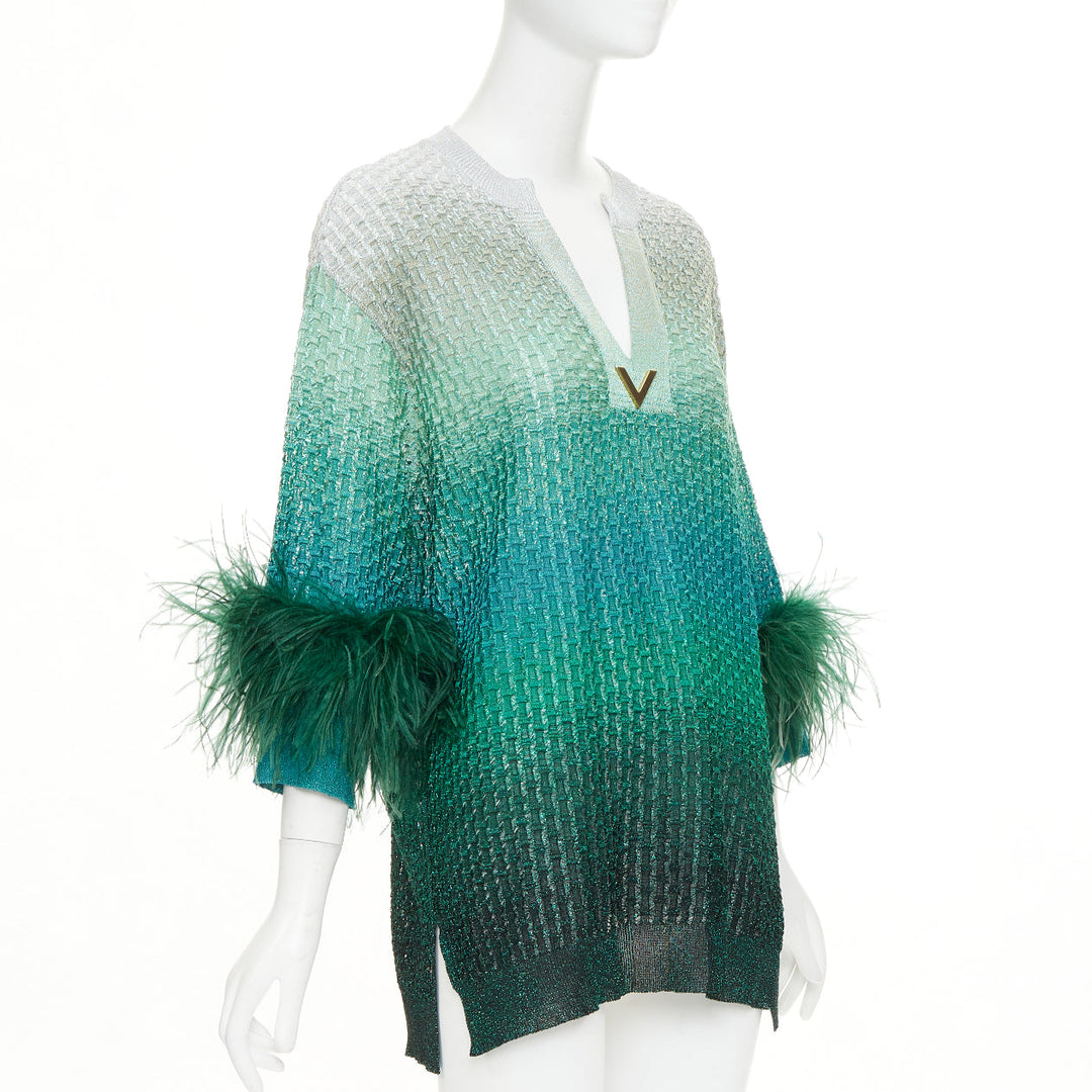 VALENTINO 2023 green grey lurex ombre ostrich feather trim knitted tunic top XS