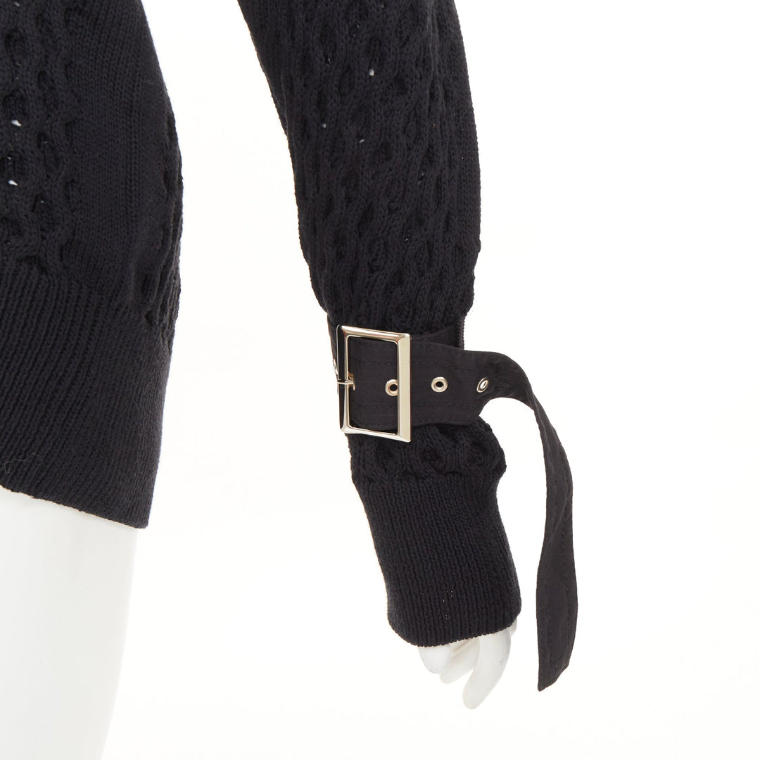 SACAI 2018 black open waffle knit buckle sleeve cotton blend sweater JP1 S