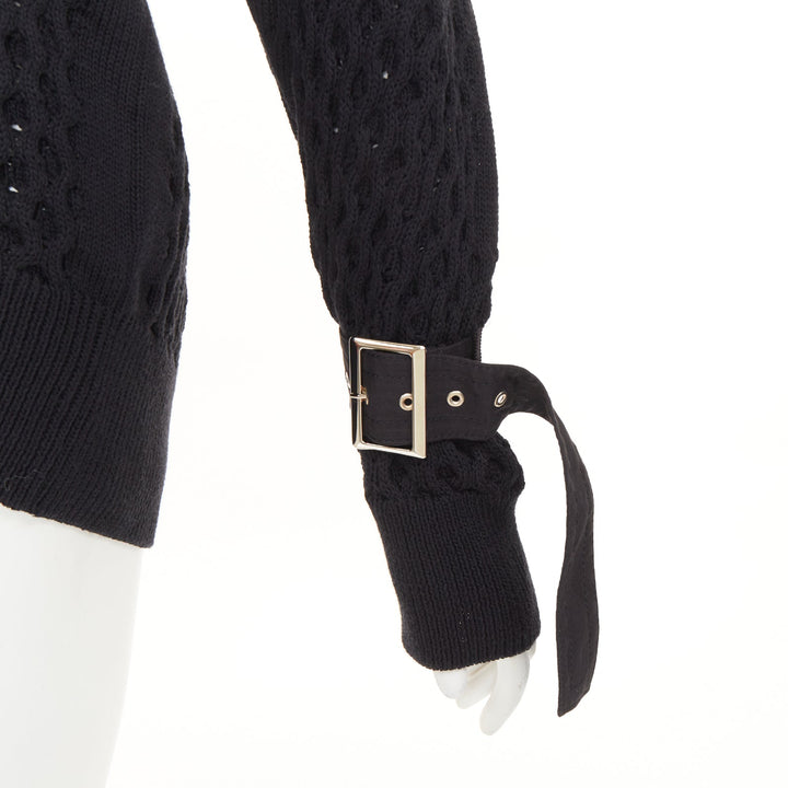 SACAI 2018 black open waffle knit buckle sleeve cotton blend sweater JP1 S