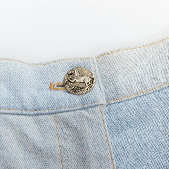CHANEL light blue denim silver CC horse buttons high waisted shorts FR34 XS