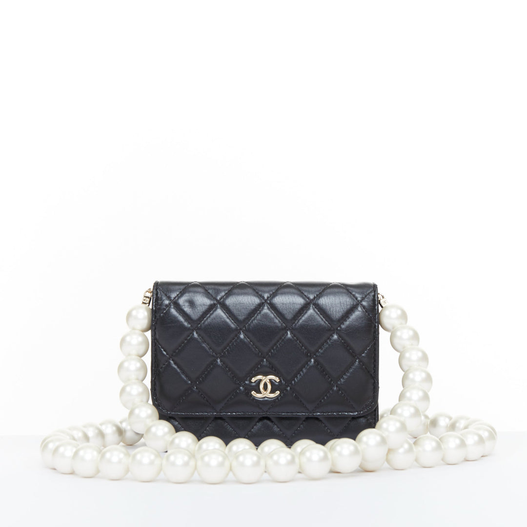 CHANEL 2020 Maxi Pearls black quilted lambskin gold hardware wallet on chain bag