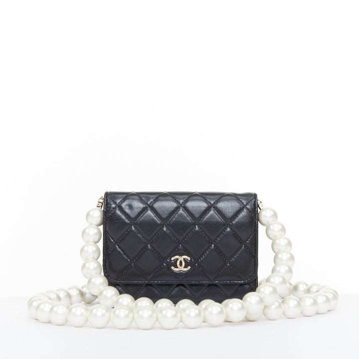 CHANEL 2020 Maxi Pearls black quilted lambskin gold hardware wallet on chain bag