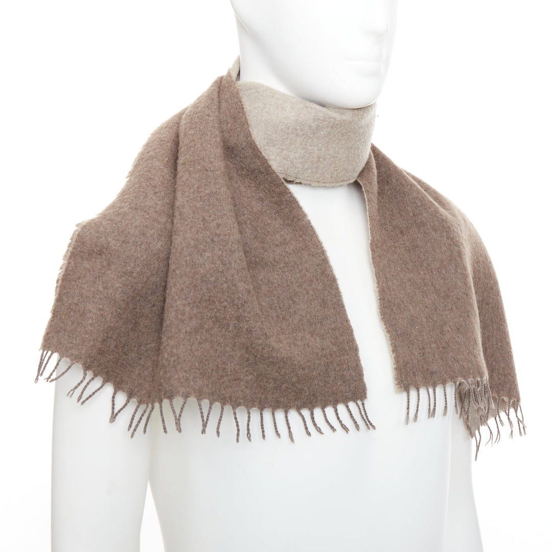 HERMES taupe brown cashmere wool reversible fringed long scarf