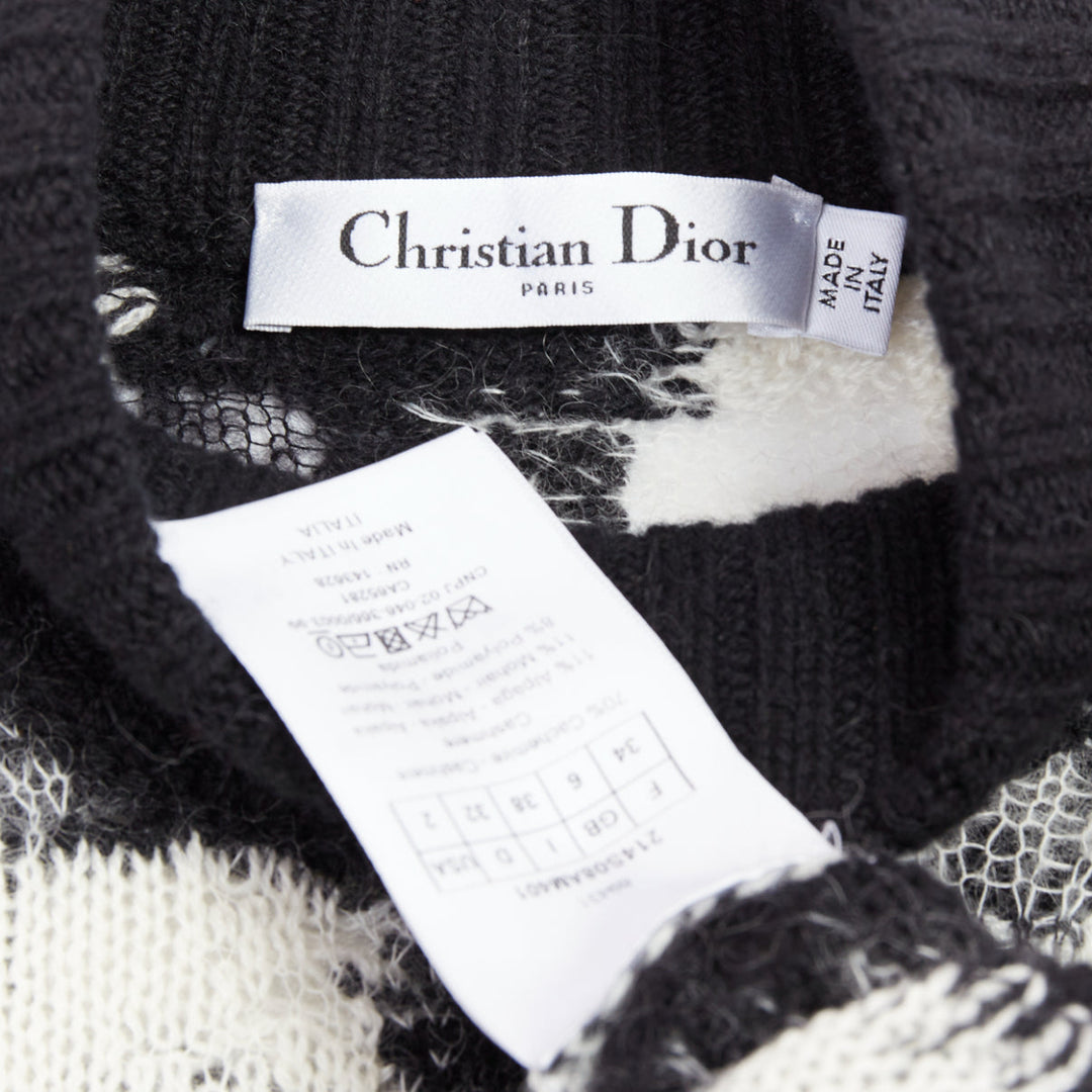 DIOR ChecknDior black white cashmere check sheer turtleneck sweater FR34 XS