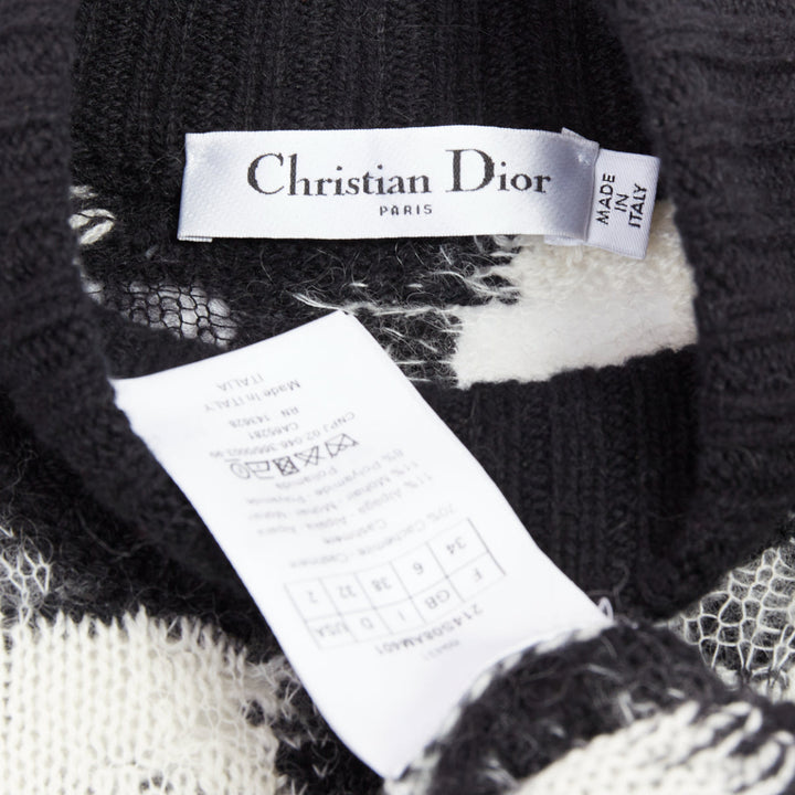 DIOR ChecknDior black white cashmere check sheer turtleneck sweater FR34 XS