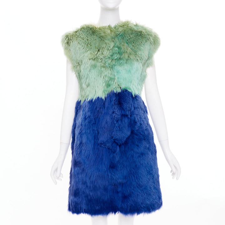 DOLCE GABBANA 2014 Runway colorblock green navy blue alpaca fur dress IT40 S