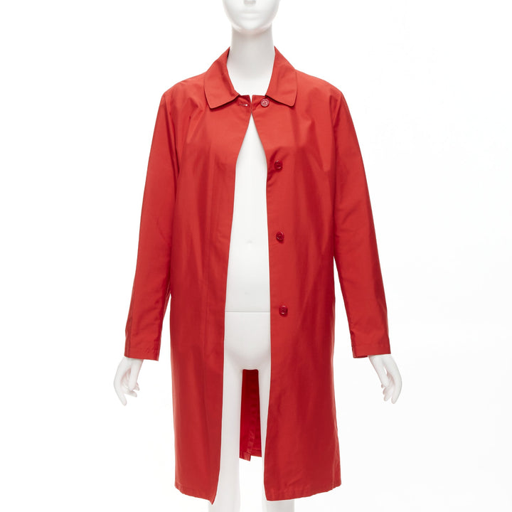 BURBERRY red nylon hidden button stand minimal classic longline trench jacket