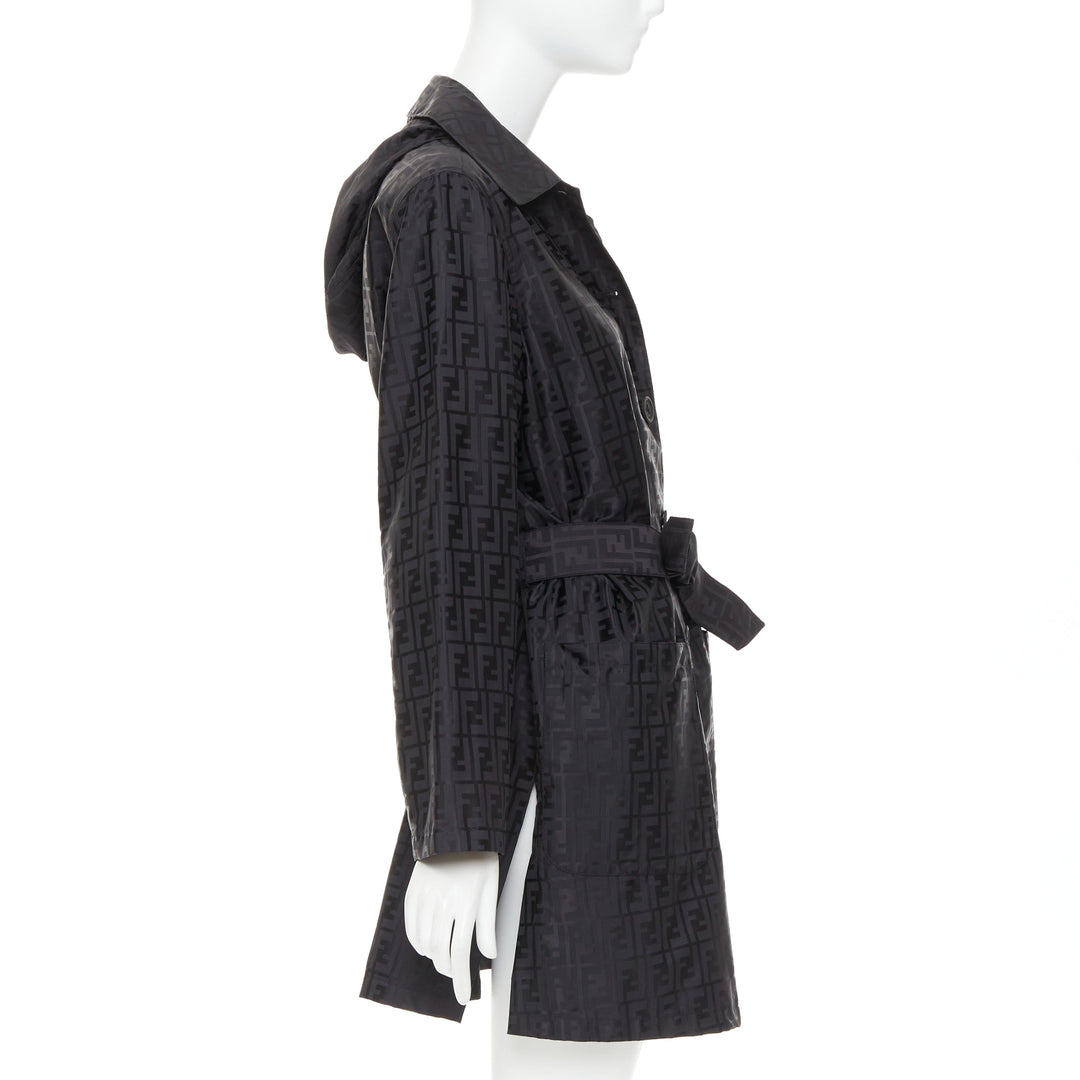 FENDI 1990s Vintage black cotton nylon FF Zucca monogram belt trench coat IT40 S