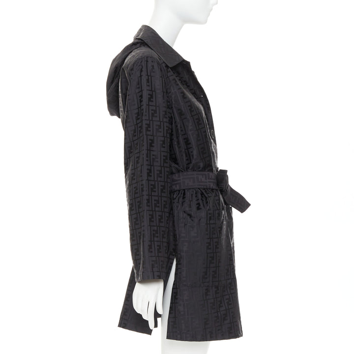 FENDI 1990s Vintage black cotton nylon FF Zucca monogram belt trench coat IT40 S