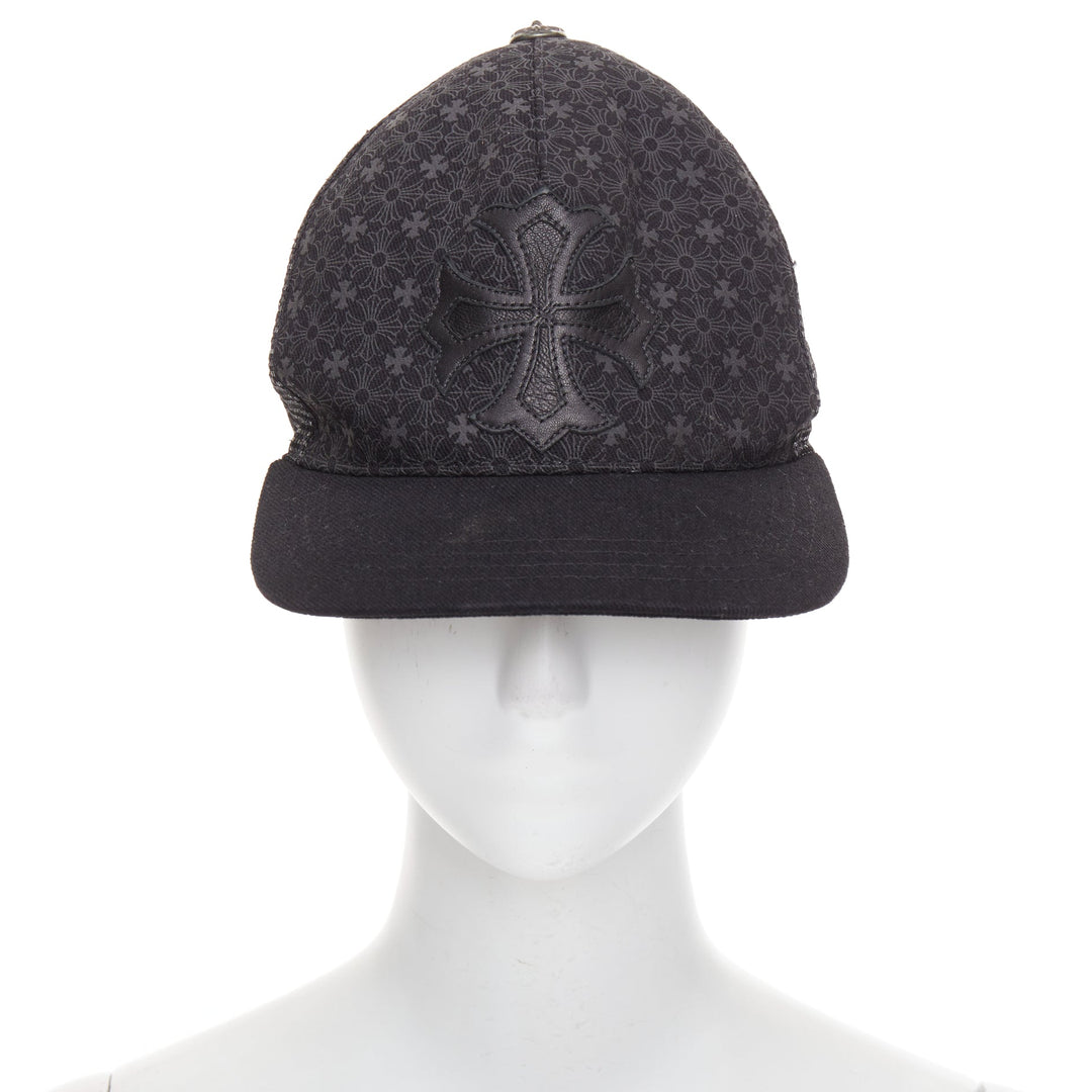 CHROME HEARTS black lambskin leather cemetery cross patch trucker cap 53-60cm