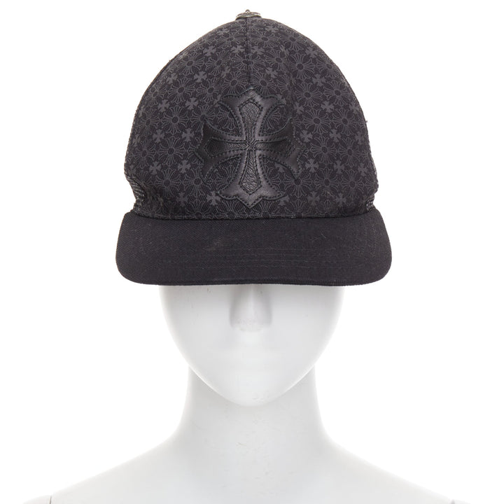 CHROME HEARTS black lambskin leather cemetery cross patch trucker cap 53-60cm