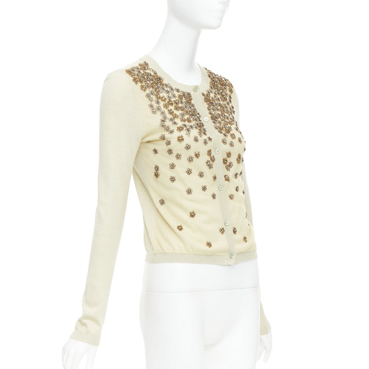 VALENTINO beige cashmere silk bead embellished crop cardigan M