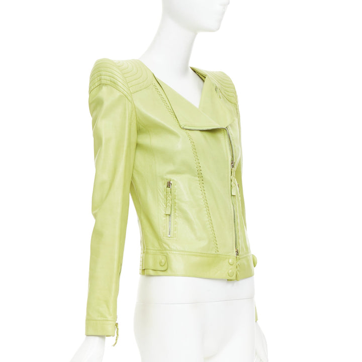 ROBERTO CAVALLI lime green leather moto power shoulder biker jacket IT38 XS