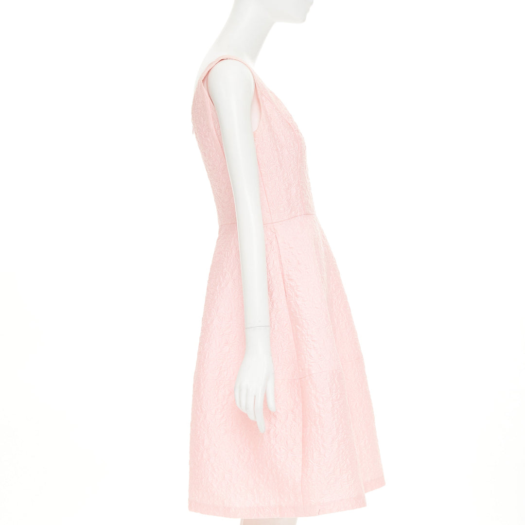 OSCAR DE LA RENTA 2016 pink cotton silk floral cloque fit flare dress US6 M