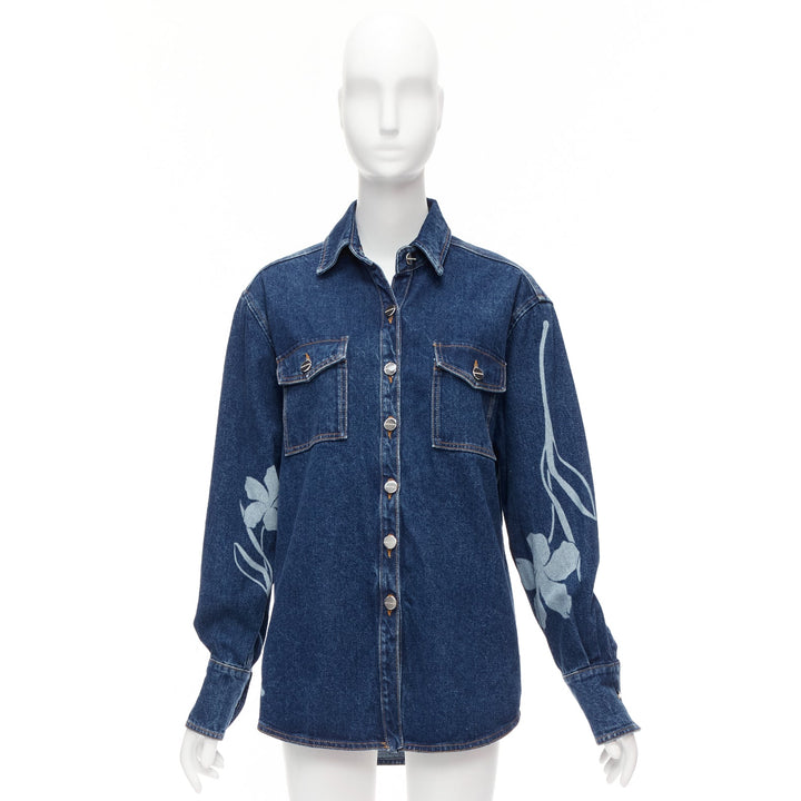 DAVID KOMA 2022 blue organic cotton floral silver logo button shirt UK6 XS
