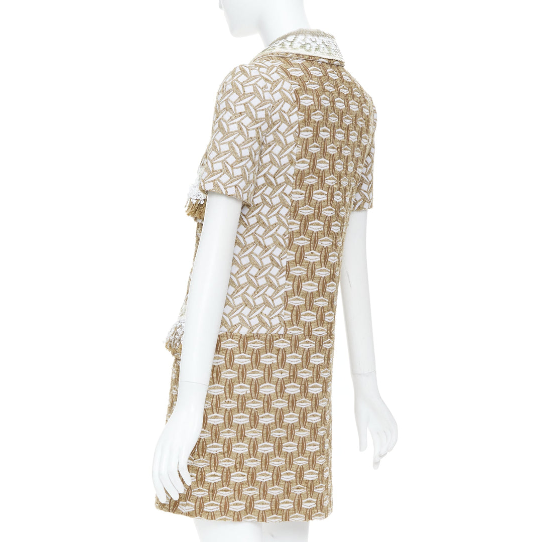 LOUIS VUITTON 2013 tan boucle tweed sequin fringe collar zip front dress FR40 L