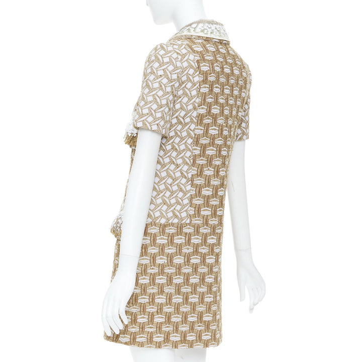 LOUIS VUITTON 2013 tan boucle tweed sequin fringe collar zip front dress FR40 L