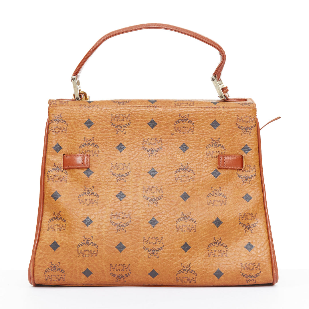 MCM Vintage Kelly cognac brown Visetos monogram GHW turnlock top handle handbag