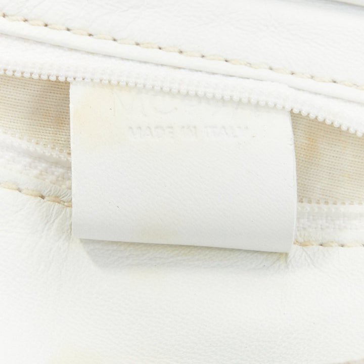 CELINE Vintage beige fabric Triomphe monogram white leather crossbody bag