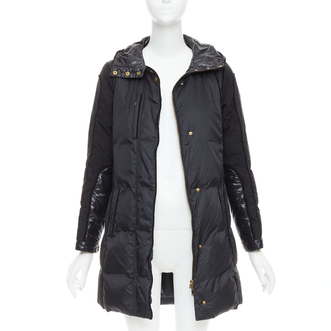 GUCCI 2009 black gold GG logo buckle belt long puffer coat IT38 XS