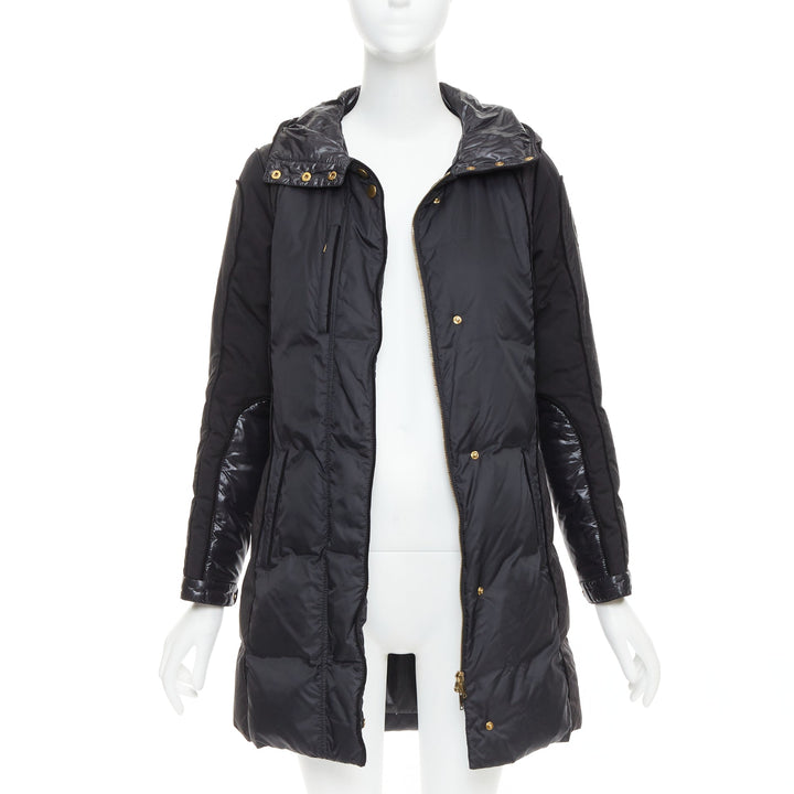 GUCCI 2009 black gold GG logo buckle belt long puffer coat IT38 XS