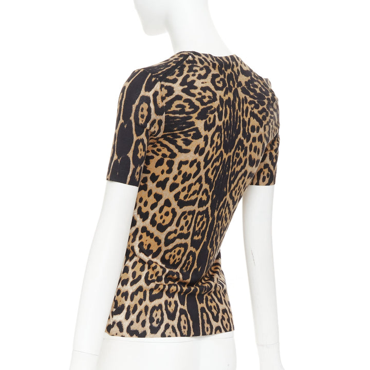 YVES SAINT LAURENT brown cashmere silk leopard logo crew knit sweater top S