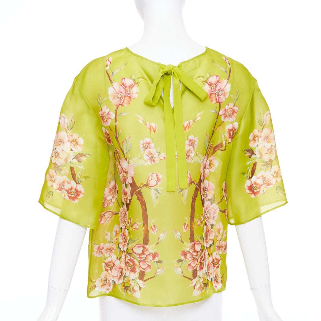 DOLCE GABBANA 100% silk green pink blossom print half sleeve blouse IT40 S