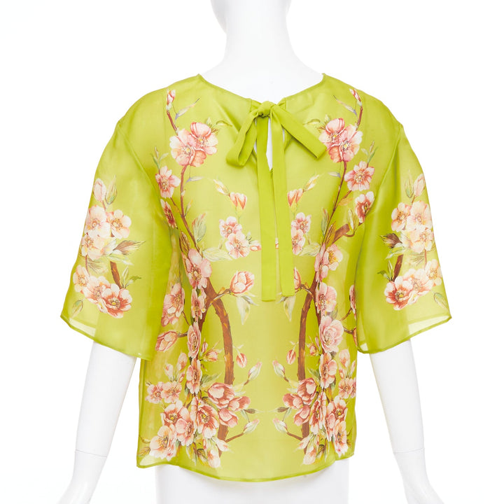 DOLCE GABBANA 100% silk green pink blossom print half sleeve blouse IT40 S