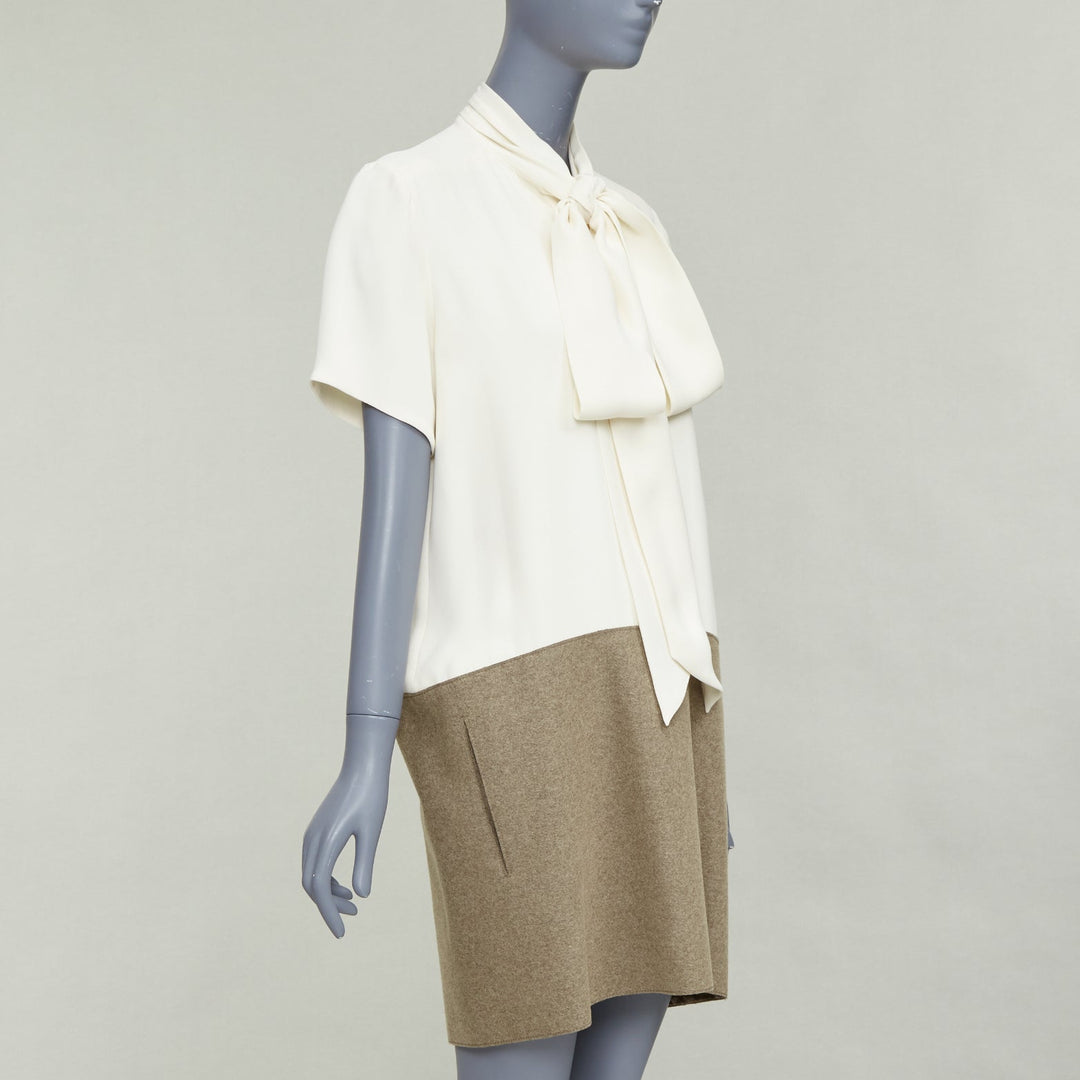 OLD CELINE Phoebe Philo cream taupe silk wool felt drop waist shirt dress FR38 M