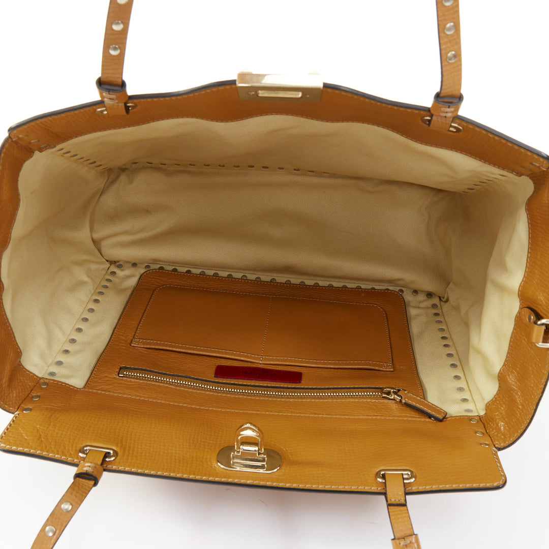 VALENTINO Rockstud Medium brown pebbled calfskin leather trapeze satchel bag