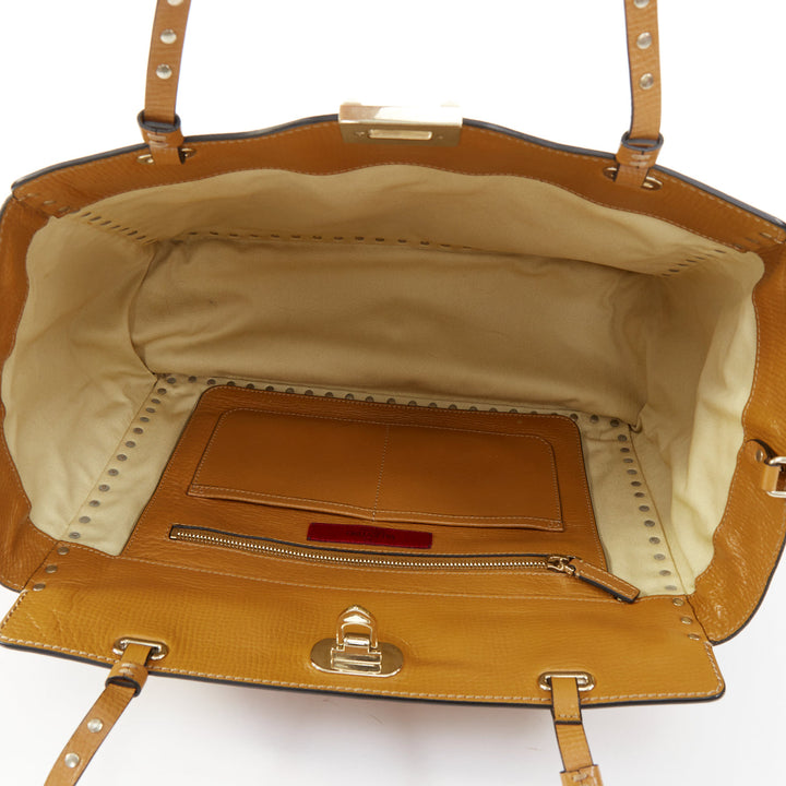 VALENTINO Rockstud Medium brown pebbled calfskin leather trapeze satchel bag