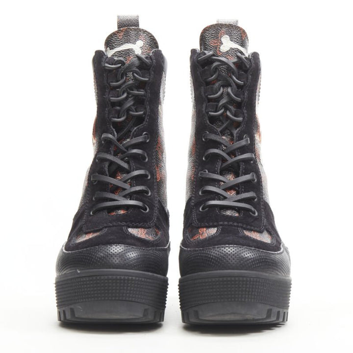 LOUIS VUITTON Catogram black monogram cat print suede trim combat boot EU37