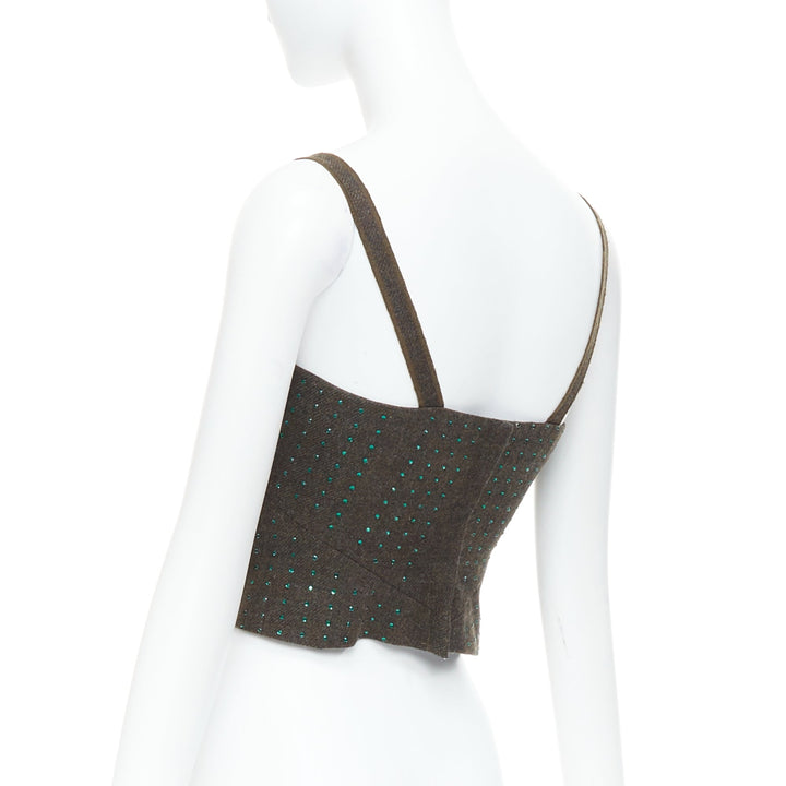 MIU MIU Vintage 1998 Runway fleece wool green crystal bustier top IT38 XS